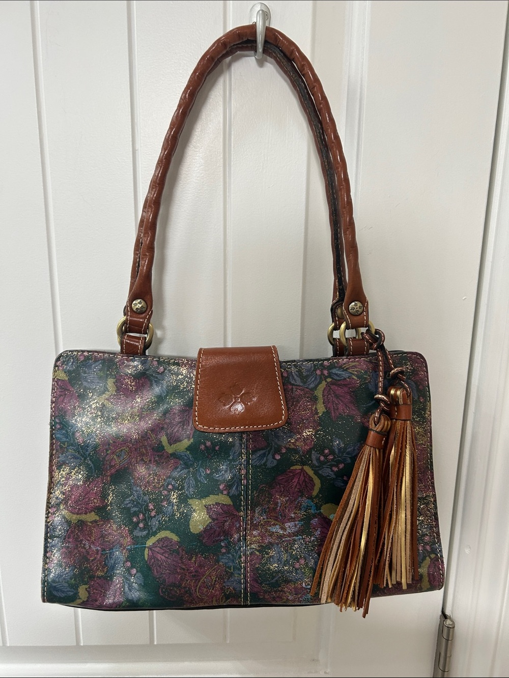 Patricia Nash Floral Print Shoulder Bag with Tassel - Brown & Green